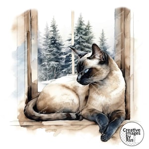 Clipart Noël chat siamois, image hivernale aquarelle, téléchargement numérique instantané, JPEG JPG, sublimation, art, usage Commercial