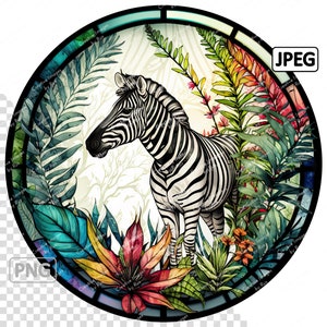 May include: A colorful illustration of a zebra standing in a jungle setting. The zebra is black and white with a white background. The jungle is filled with green leaves, red flowers, and yellow flowers.