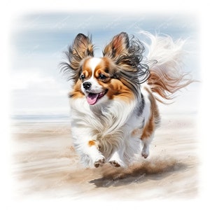 Papillon Dog Beach Clipart, Imagen de perro acuarela, Descarga digital instantánea, JPEG JPG de alta calidad, Sublimación, Arte de pared, Uso comercial