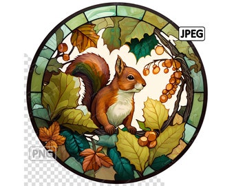 Squirrel Stained Glass Clipart, Round Image, Instant Digital Download, High Quality PNG & JPEG JPG, Sublimation,  Commercial Use
