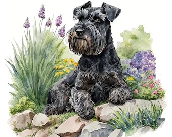Miniature Schnauzer Black Dog Clipart, Watercolour Garden Image, Instant Digital Download, HQ JPEG JPG, Sublimation, Wall Art,Commercial Use
