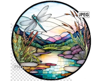 Dragonfly Stained Glass Clipart, Round Image, Instant Digital Download, High Quality PNG & JPEG JPG, Sublimation,  Commercial Use