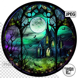Imágenes Prediseñadas de vidrieras de Halloween de la iglesia espeluznante, Imagen redonda, Descarga digital instantánea, PNG y JPEG de alta calidad, Uso comercial