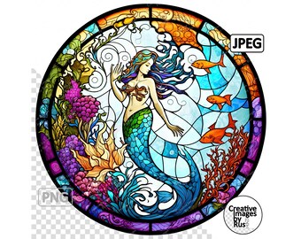Mythical Mermaid Stained Glass Clipart, Round Image, Instant Digital Download, Quality PNG & JPEG JPG, Sublimation, Commercial Use