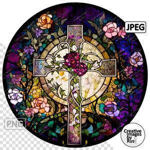 May include: A stained glass window depicting a cross surrounded by colorful flowers. The cross is made of mosaic tiles and the flowers are in shades of purple, pink, yellow, and green.
