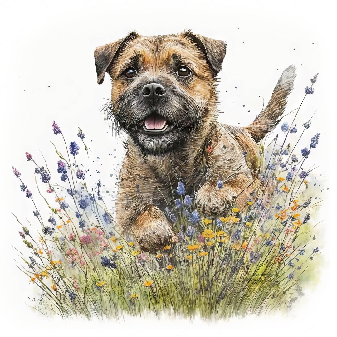 Border Terrier in Flowers Clipart Watercolour Image Instant Etsy