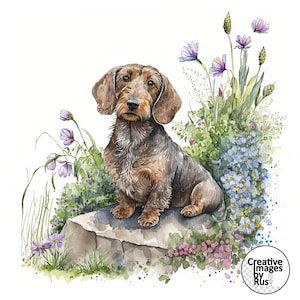 May include: A watercolour painting of a brown and black dachshund sitting on a rock surrounded by purple and blue wildflowers.