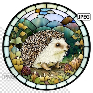 Clipart de vitral de ouriço, imagem, download digital instantâneo, redondo de alta qualidade PNG e JPEG JPG, sublimação, uso comercial