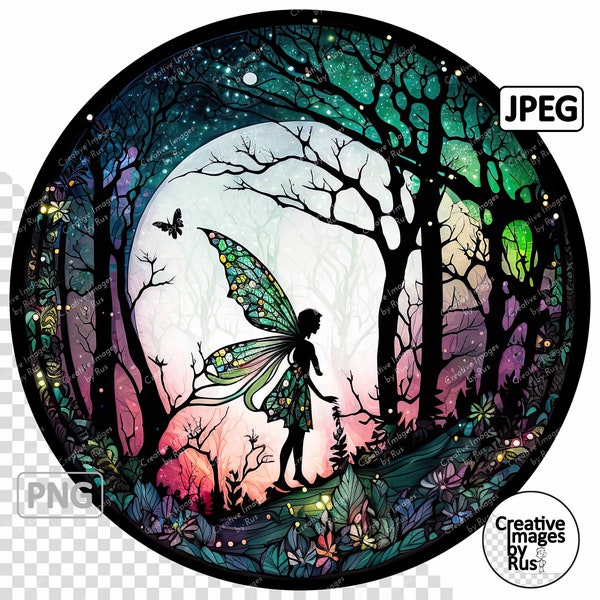 Mythical Fairy Stained Glass Clipart, Round Image, Instant Digital Download, High Quality PNG & JPEG JPG, Sublimation, Commercial Use
