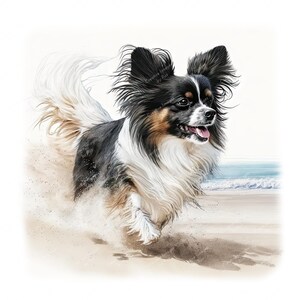 Papillon Dog Beach Clipart, aquarel hond afbeelding, instant digitale download, hoge kwaliteit JPEG JPG, sublimatie, kunst aan de muur, commercieel gebruik