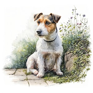 May include: A watercolour painting of a white and brown Jack Russell Terrier sitting in a garden setting. The dog is looking to the left of the image, with its head tilted slightly. The dog is surrounded by green foliage and flowers.