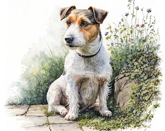 May include: A watercolor painting of a white and brown Jack Russell Terrier sitting in a garden setting. The dog is looking to the left of the image, with its head tilted slightly. The dog is surrounded by green foliage and flowers.