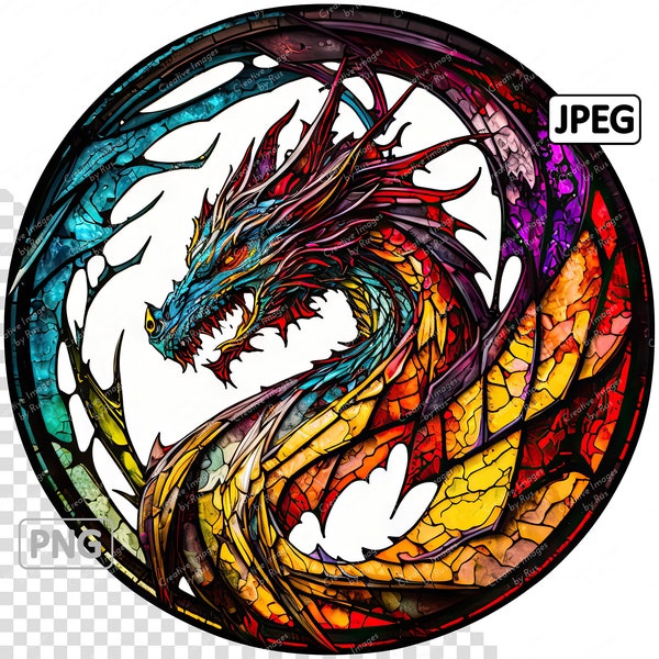 Mythical Dragon Stained Glass Clipart, Round Image, Instant Digital Download, PNG & JPEG JPG, Sublimation,  Commercial Use