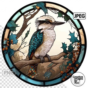 May include: A stained glass illustration of a kookaburra bird perched on a branch with blue, brown, and green leaves. The bird has a blue and white body with a long, black beak. The background is a light brown colour with a circular frame.