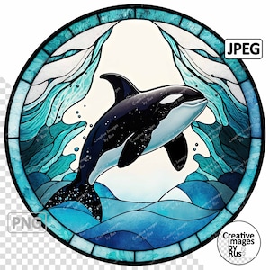 Orca Whale Stained Glass Clipart, Round Image, Instant Digital Download, High Quality PNG & JPEG JPG, Sublimation,  Commercial Use