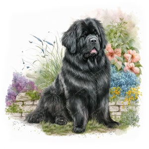 May include: A black Newfoundland dog sits in a garden setting. The dog is surrounded by flowers and greenery, including purple, blue, and yellow flowers. The dog is looking directly at the viewer.