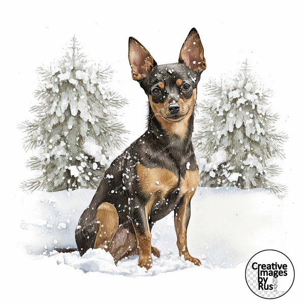 Miniature Pinscher Dog Clipart, Watercolour Winter Image, Instant Digital Download, Quality JPEG JPG, Sublimation, Wall Art, Commercial Use