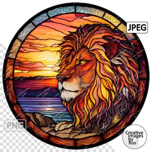 May include: A stained glass window design featuring a lion's head with a sunset background. The lion's mane is a vibrant orange and yellow, with the face a deep red. The background is a gradient of orange, yellow, and purple.