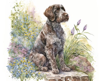 German Wirehaired Pointer Dog Clipart, Garden Watercolour Image, Instant Digital Download,HQ JPEG JPG, Sublimation, Wall Art, Commercial Use