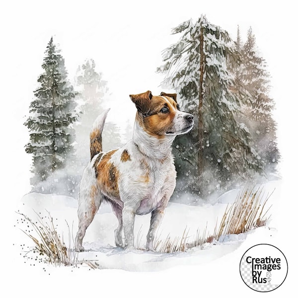 Jack Russell Dog Clipart, Watercolour Winter Image, Instant Digital Download, High Quality JPEG JPG, Sublimation, Wall Art, Commercial Use