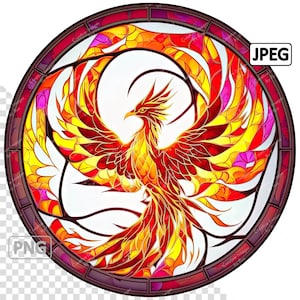 Clipart de vitrail Phoenix mythique, image ronde, téléchargement numérique instantané, PNG & JPEG JPG, sublimation, usage Commercial