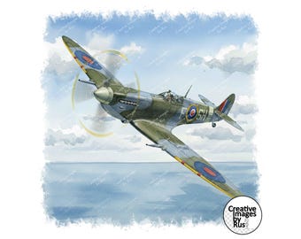Spitfire, Watercolour Image, Instant Digital Download, High Quality JPEG JPG, Sublimation, Wall Art, Commercial Use, Aeroplane, RAF, Warbird