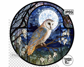 Barn Owl Stained Glass Clipart, Round Image, Instant Digital Download,  High Quality PNG & JPEG JPG, Sublimation,  Commercial Use