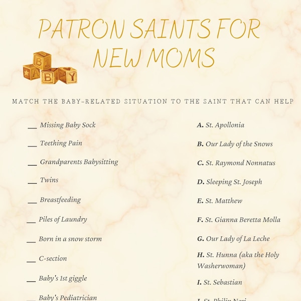 Patron Saints Matching, Catholic Baby Shower Game, Printable Baby Shower Games, Instant Download