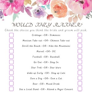 Pink Floral Bridal Shower Game: Would They Rather (PDF)