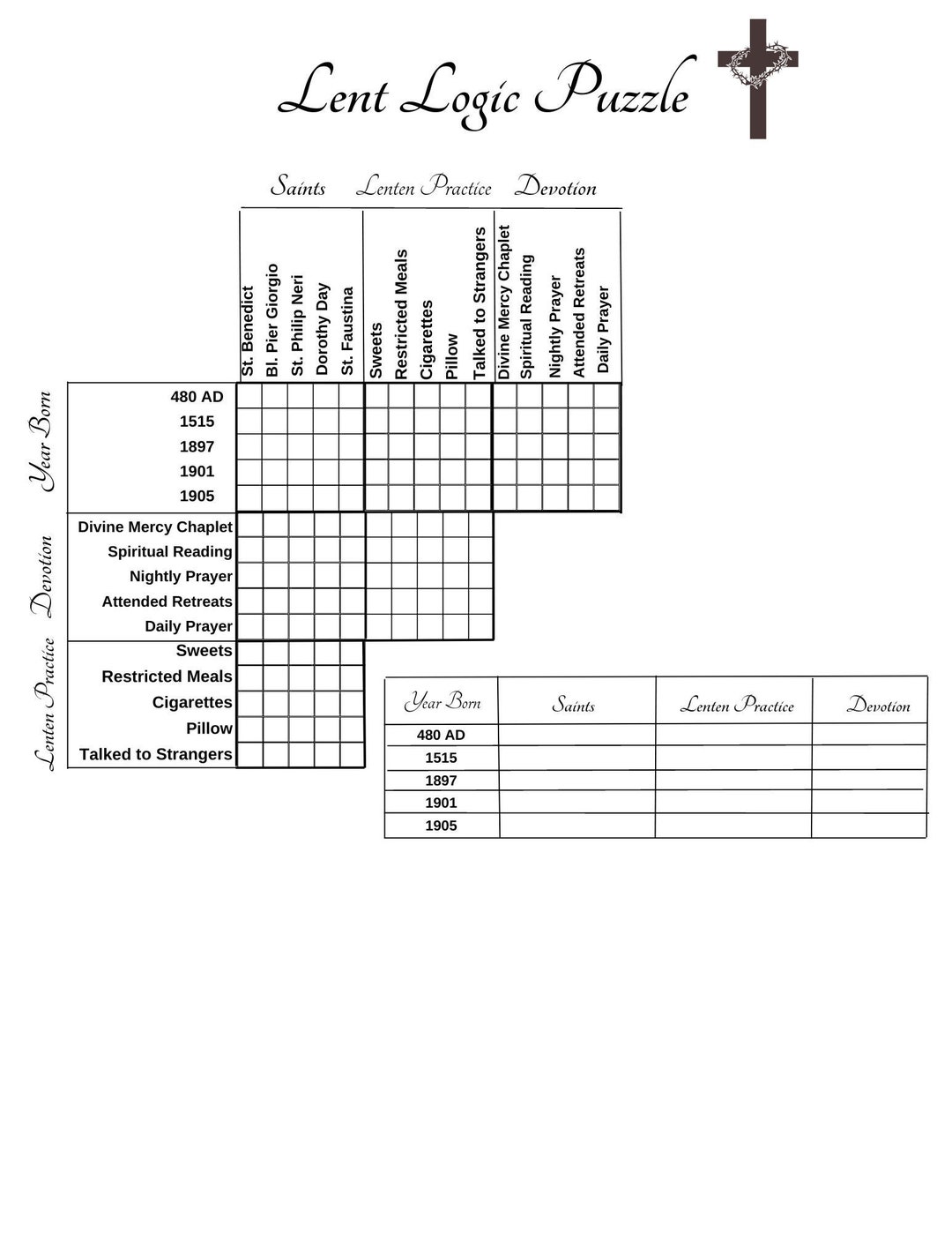 Lent Logic Puzzle, Printable Logic Puzzle Games, Catholic Saints