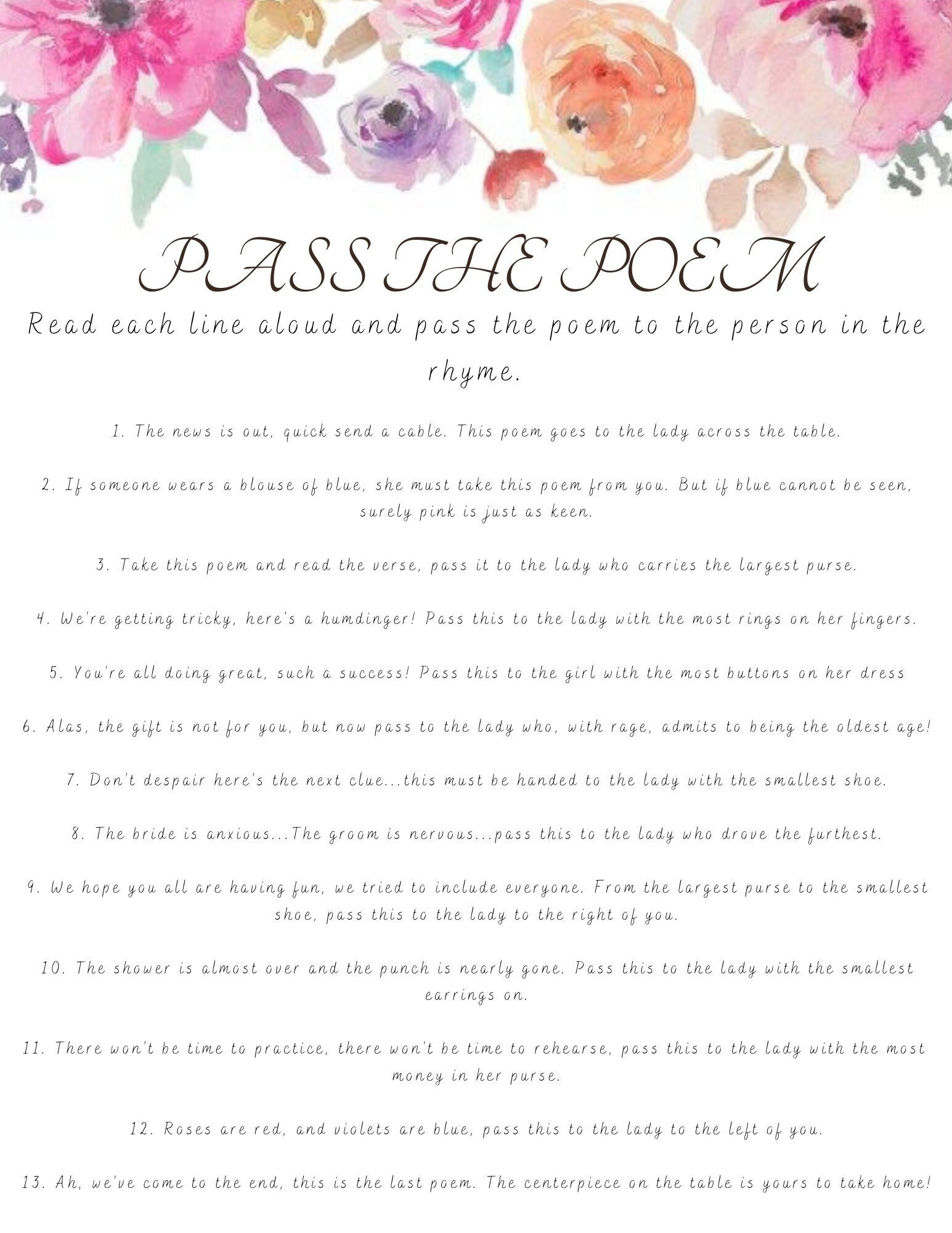Pass the Poem, Bridal Shower Game, Printable Bridal Shower Games, Pink ...