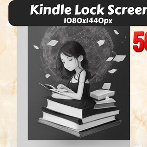 May include: Black and white illustration of a girl reading a book while sitting on a stack of books. The background features a swirling design and a globe. The text "Kindle Lock Screen 1080x1440px" is at the top of the image. The text "50% OFF" is in red at the bottom right corner of the image.