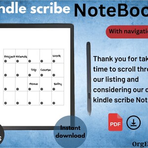 Op de afbeelding: Een zwart-wit afbeelding van een Kindle Scribe Notebook met navigatielinks. Het notitieboek heeft 182 pagina's en is beschikbaar voor directe download als PDF. De afbeelding toont ook een stylus en een voorbeeldpagina met een raster en handgeschreven tekst.