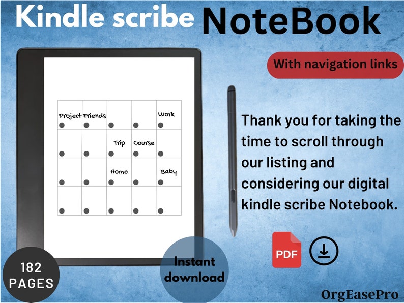 Op de afbeelding: Een zwart-wit afbeelding van een Kindle Scribe Notebook met navigatielinks. Het notitieboek heeft 182 pagina's en is beschikbaar voor directe download als PDF. De afbeelding toont ook een stylus en een voorbeeldpagina met een raster en handgeschreven tekst.