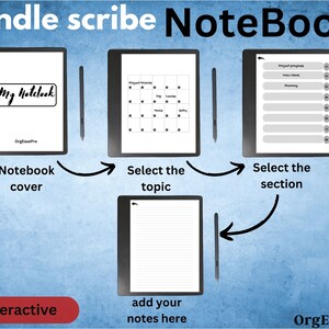 Op de afbeelding: Een zwart-wit afbeelding die een Kindle Scribe e-reader met een stylus laat zien. De afbeelding laat zien hoe je de Kindle Scribe kunt gebruiken om een ​​notitieboek te maken. De eerste stap is het selecteren van een notitieboekomslag. De tweede stap is het selecteren van een onderwerp. De derde stap is het selecteren van een sectie. De laatste stap is het toevoegen van notities aan het notitieboek.