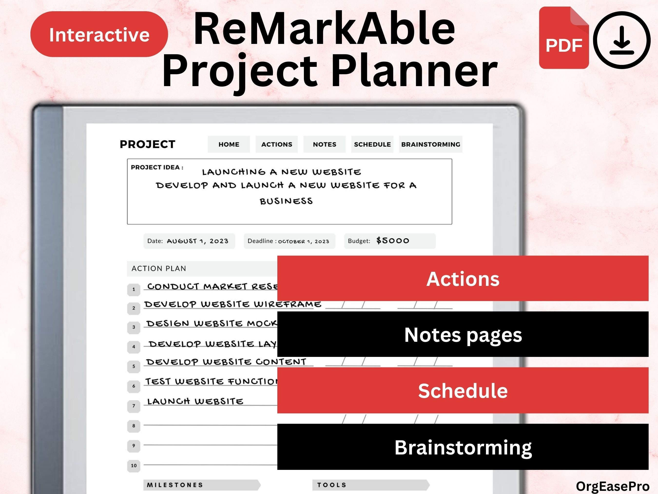 Remarkable 2 Templates Project Planner for Remarkable Hyperlinked