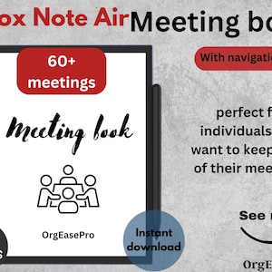 Puede incluir: Una ilustración en blanco y negro de personas sentadas alrededor de una mesa, representando una reunión. El texto "Meeting book" está escrito en cursiva sobre la ilustración. El texto "60+ meetings" está en rojo sobre la ilustración. El texto "OrgEasePro" está debajo de la ilustración. El texto "133 PAGES" está en un círculo en el lado izquierdo de la imagen. El texto "Instant download" está en un círculo azul en el lado derecho de la imagen. El texto "With navigation links" está en rojo en el lado derecho de la imagen. El texto "perfect for individuals who want to keep track of their meetings." está en negro en el lado derecho de la imagen. El texto "See more" está en negro en el lado derecho de la imagen con una flecha apuntando hacia la derecha. El texto "OrgEasePro" está en negro en el lado derecho de la imagen.