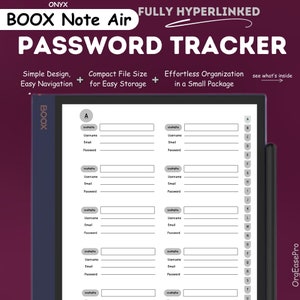 Lösenordsspårare för BOOX Note Air lösenordslogg för Boox Note Air mall lösenordslista digital nedladdning PDF