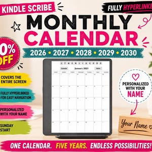 Kindle Scribe Calendar 2026-2030 Kindle Scribe Planner Hyperlinked Monthly Calendar Template Digital Planner for Kindle Scribe