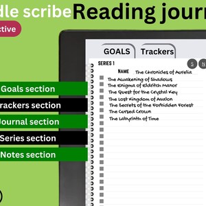 May include: A black and white image of a Kindle Scribe e-reader displaying a reading journal app. The app has sections for goals, trackers, a journal, series, and notes. The app lists several book titles, including "The Chronicles of Aurelia", "The Awakening of Shadows", and "The Enigma of Eldritch Manor".