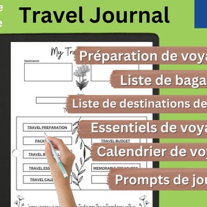以下が含まれることがあります： フランス語で旅行ジャーナルを作成するためのデジタルプランナーテンプレートです。テンプレートには、旅行の準備、パッキングリスト、旅行の必需品、旅行予算、旅行カレンダー、ジャーナルプロンプトのセクションが含まれています。このテンプレートは、旅行者が旅行を計画し、記録するのに役立ちます。