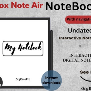 May include: A black and white image of a Boox Note Air e-reader with the text "My Notebook" on the screen. The text "Boox Note Air NoteBook" is in red at the top of the image. The text "Undated Interactive NoteBook" is in black at the bottom of the image. The text "182 PAGES" is in black at the bottom left of the image. The text "OrgEasePro" is in black at the bottom right of the image.
