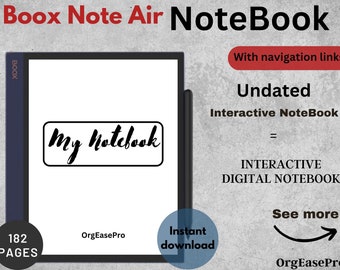 May include: A black and white image of a Boox Note Air e-reader with the text "My Notebook" on the screen. The text "Boox Note Air NoteBook" is in red at the top of the image. The text "Undated Interactive NoteBook" is in black at the bottom of the image. The text "182 PAGES" is in black at the bottom left of the image. The text "OrgEasePro" is in black at the bottom right of the image.