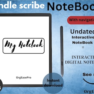 Könnte beinhalten: Ein Schwarzweißbild eines Kindle Scribe E-Readers mit dem Text "Kindle scribe NoteBook" und "My Notebook" auf dem Bildschirm. Der Text "Undated Interactive NoteBook" ist ebenfalls sichtbar, sowie der Text "182 PAGES" und "OrgEasePro".