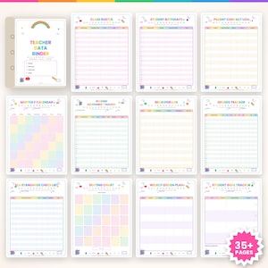 May include: A teacher data binder set featuring twelve printable pages with pastel rainbow accents. Includes a cover page, class roster, student birthdays, parent contact log, monthly calendar, reading assessment, behavior log, grades tracker, ELA standards checklist, seating chart, weekly lesson plan, and student goal tracker.