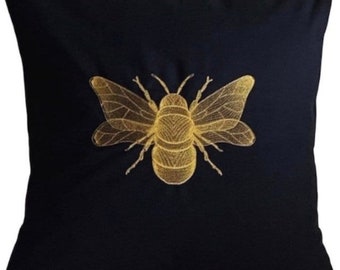 Gold, Bee, Embroidered, Cushion Cover, BLACK, 12", 14", 16", 18”, Gift Idea