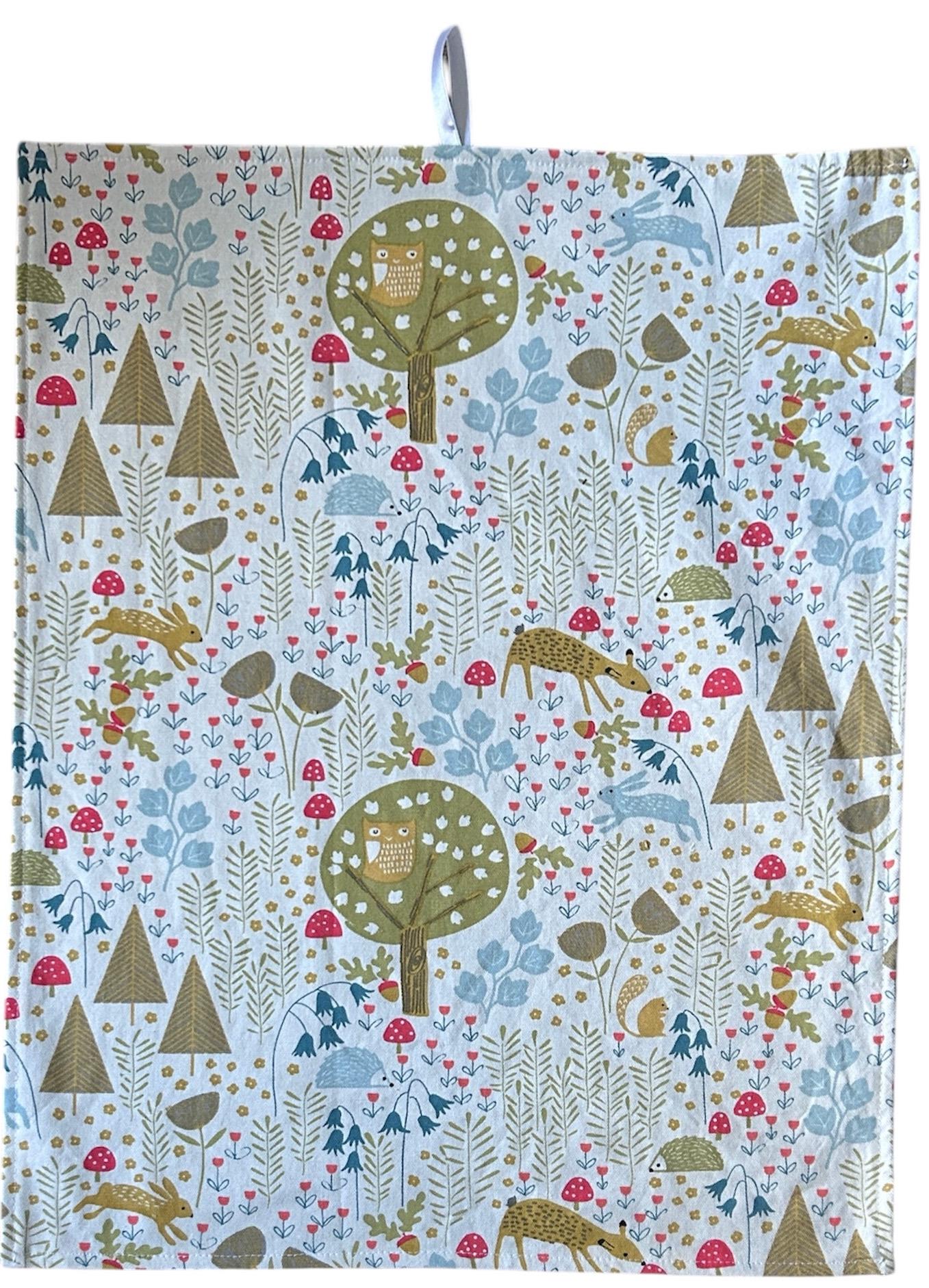 Woodland Print, Natural Cotton, Tea Towel, Dish Towel, Gift Idea