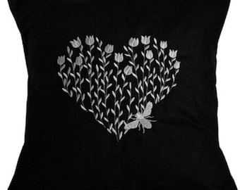 Silver, Heart, Bee, Embroidered, Cushion Cover, BLACK, 12&quot;, 14&quot;, 16&quot;, 18”, Gift Idea