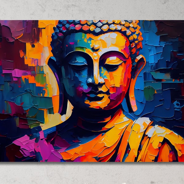 Peinture bouddha, toile d'art mural, impression colorée et vibrante pour la maison ou un studio de yoga, art de la méditation, impressionnisme contemporain