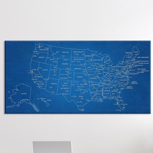 Large US Map on Canvas in Blue Print Style (With Grid) US Map With Capitals and Big Cities Canvas Wall Art Home and Office Decor Gift